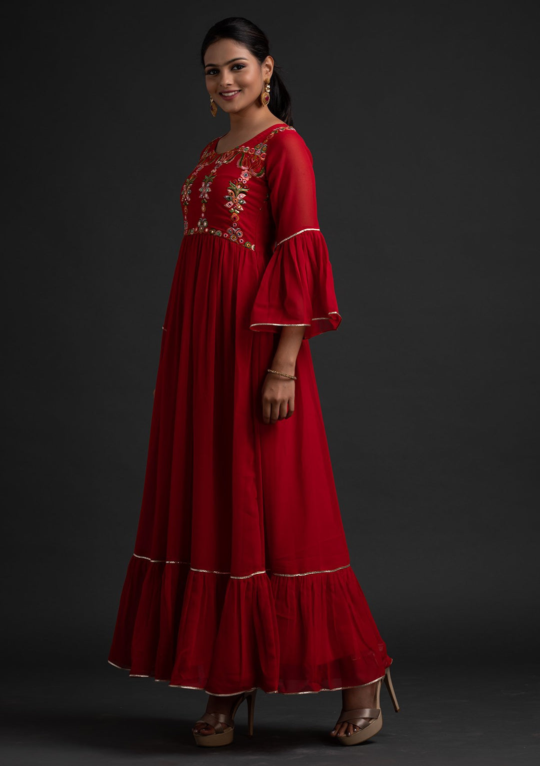 Red Threadwork Georgette Designer Gown - koskii