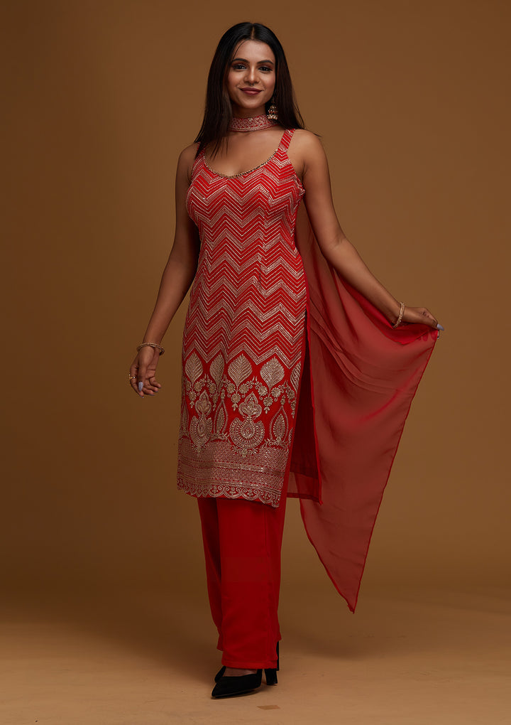 Red Zariwork Georgette Designer Salwar Suit - Koskii