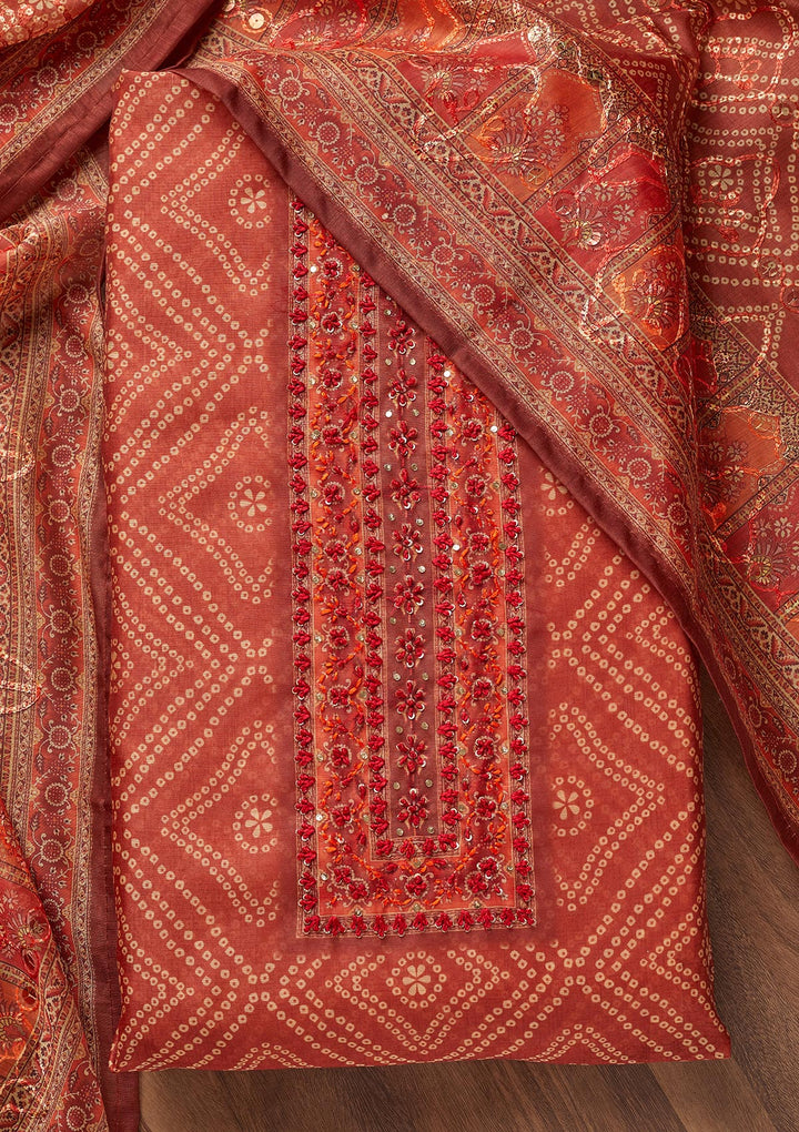 Rust Threadwork Chanderi Unstitched Salwar Suit - Koskii