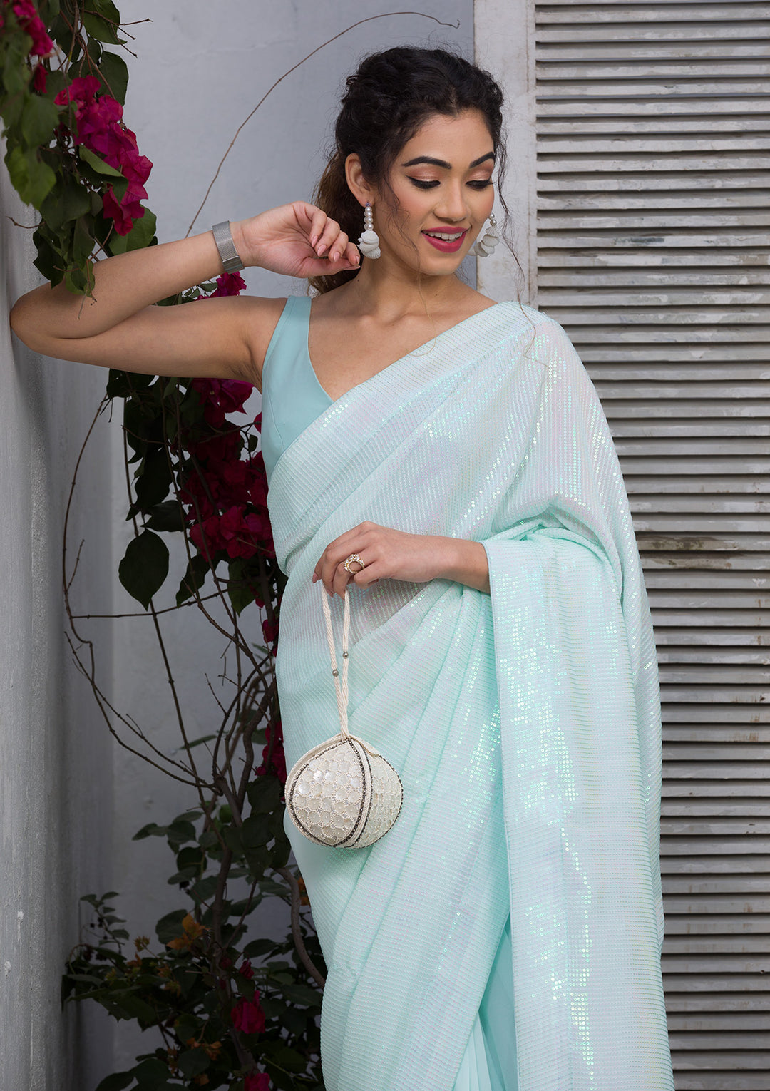 Sky Blue Sequins Georgette Saree-Koskii