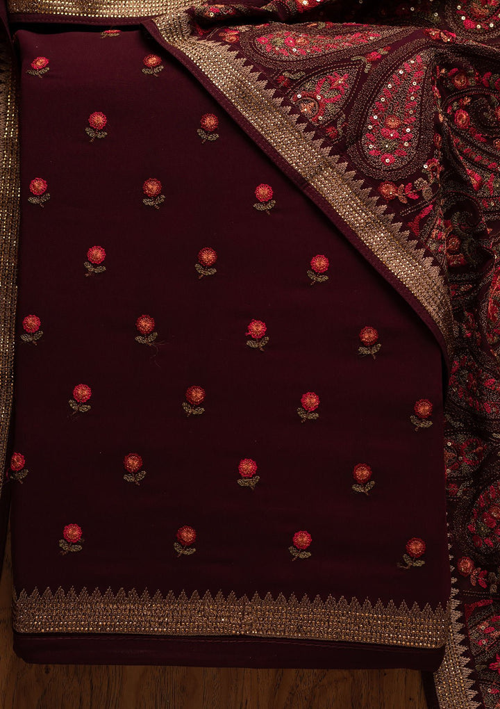Wine Threadwork Georgette Designer Unstitched Salwar Suit - koskii