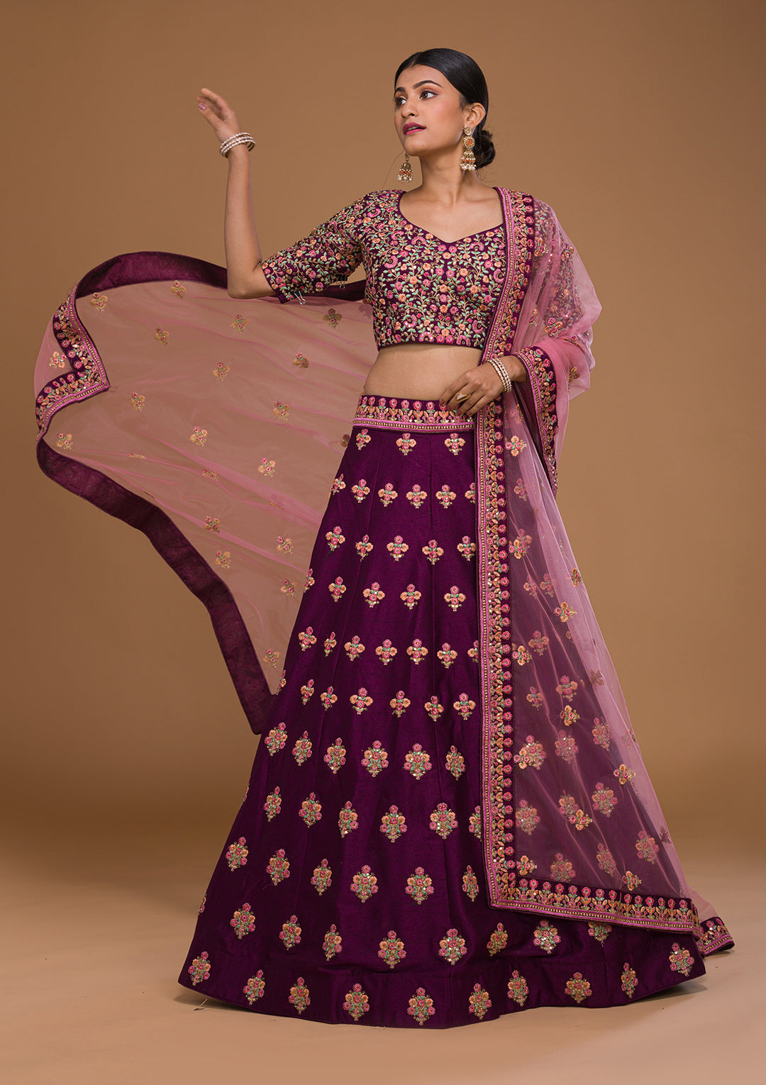 Wine Threadwork Raw Silk Designer Lehenga-Koskii