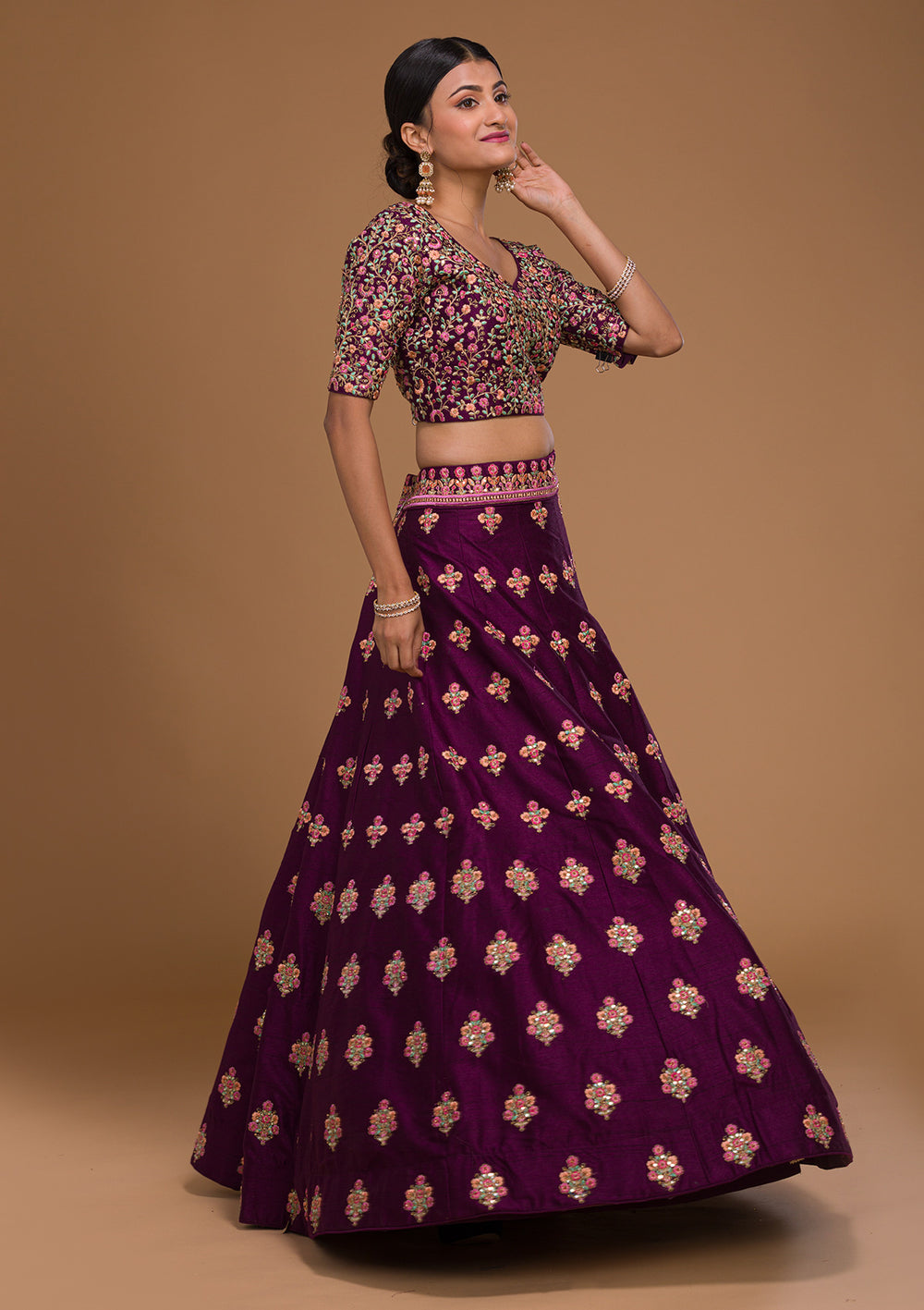 Wine Threadwork Raw Silk Designer Lehenga-Koskii