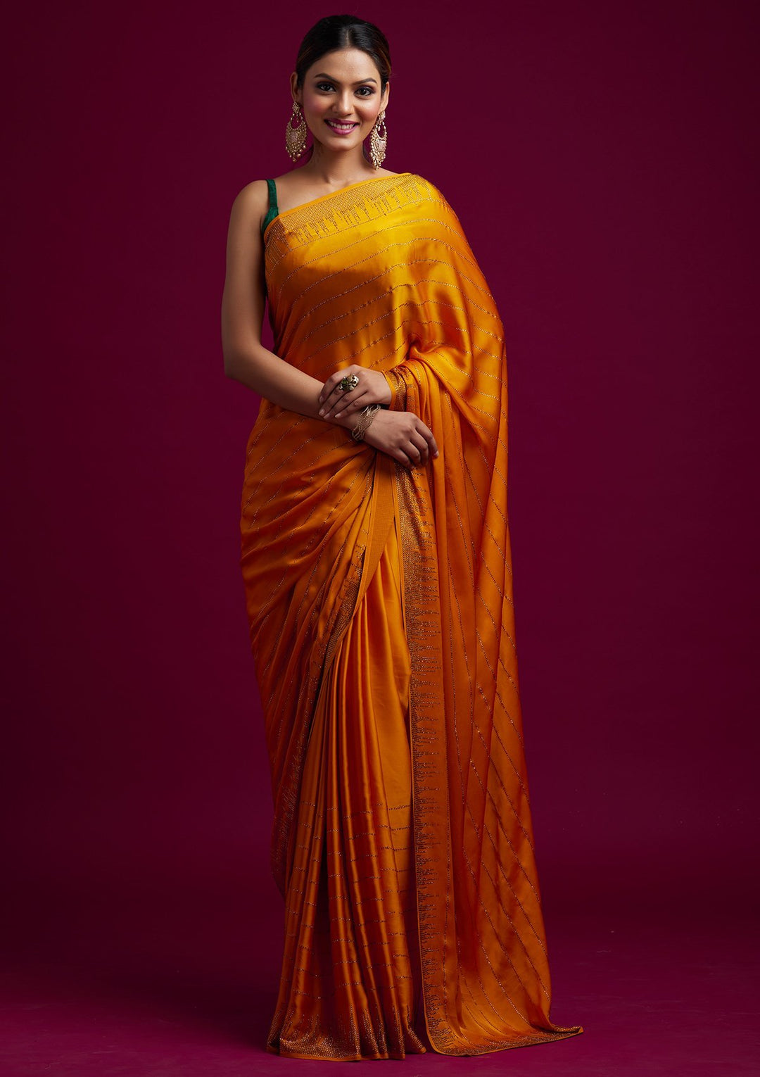 Yellow Swarovski Satin Designer Saree - koskii