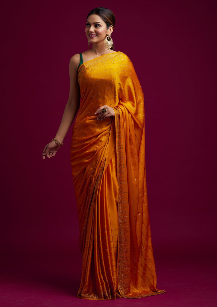Yellow Swarovski Satin Designer Saree - koskii