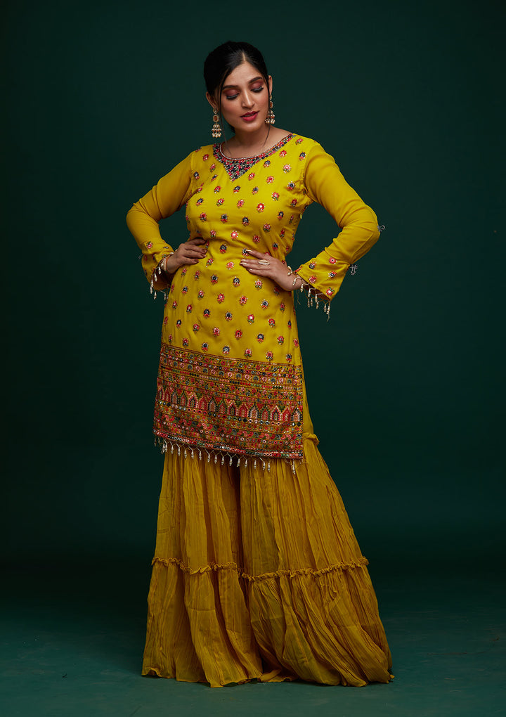Yellow Threadwork Georgette Designer Salwar Suit - Koskii