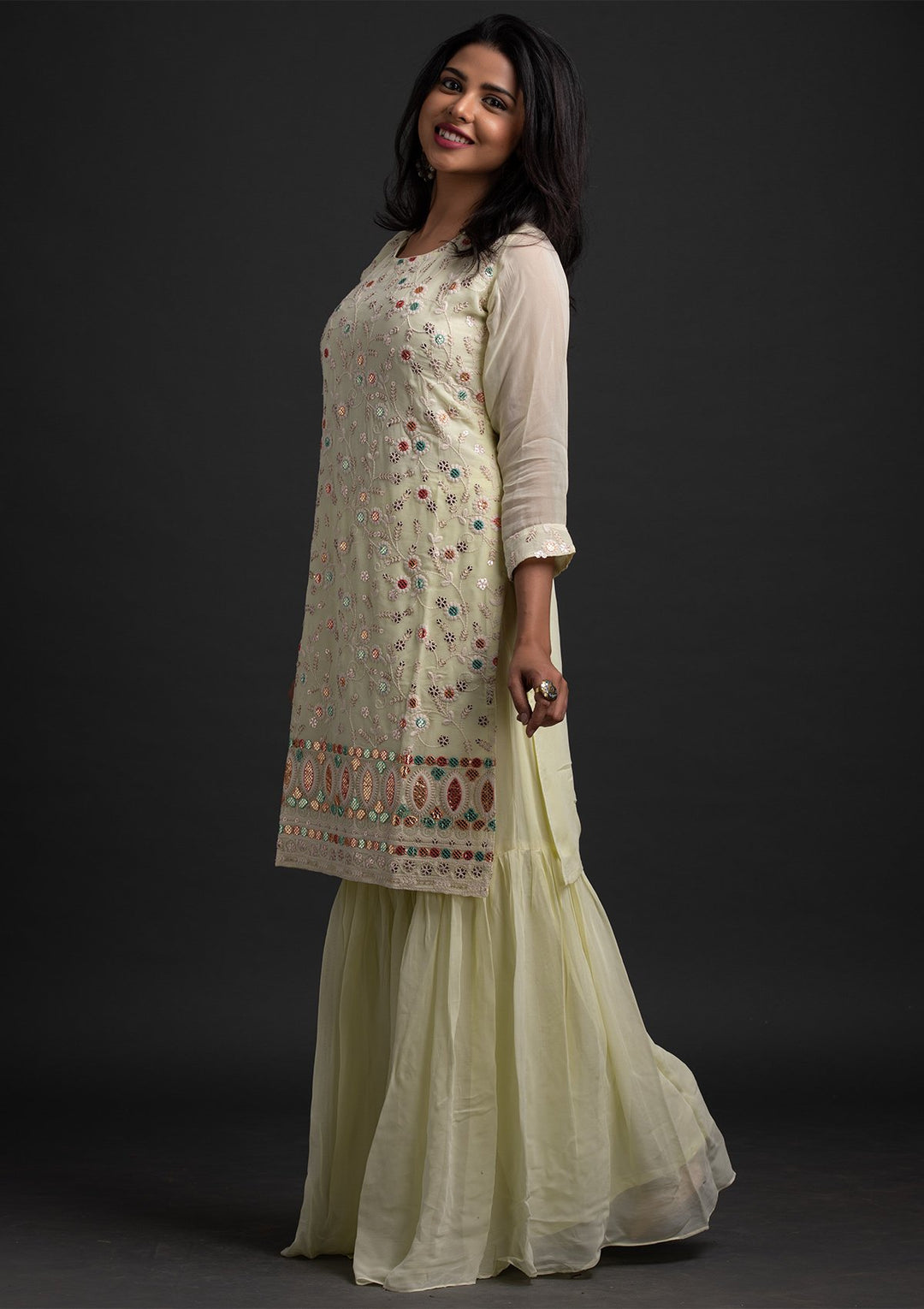 Lemon Yellow Sequins Georgette Designer Salwar Suit - koskii