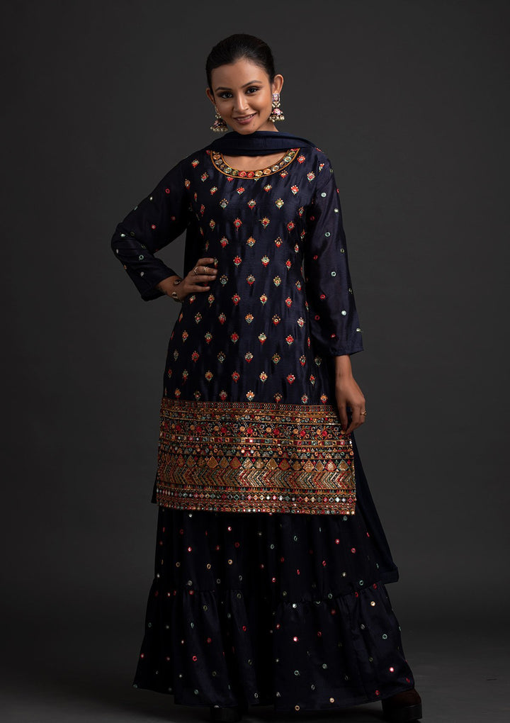 Navy Blue Sequins Art Silk Designer Salwar Suit - koskii