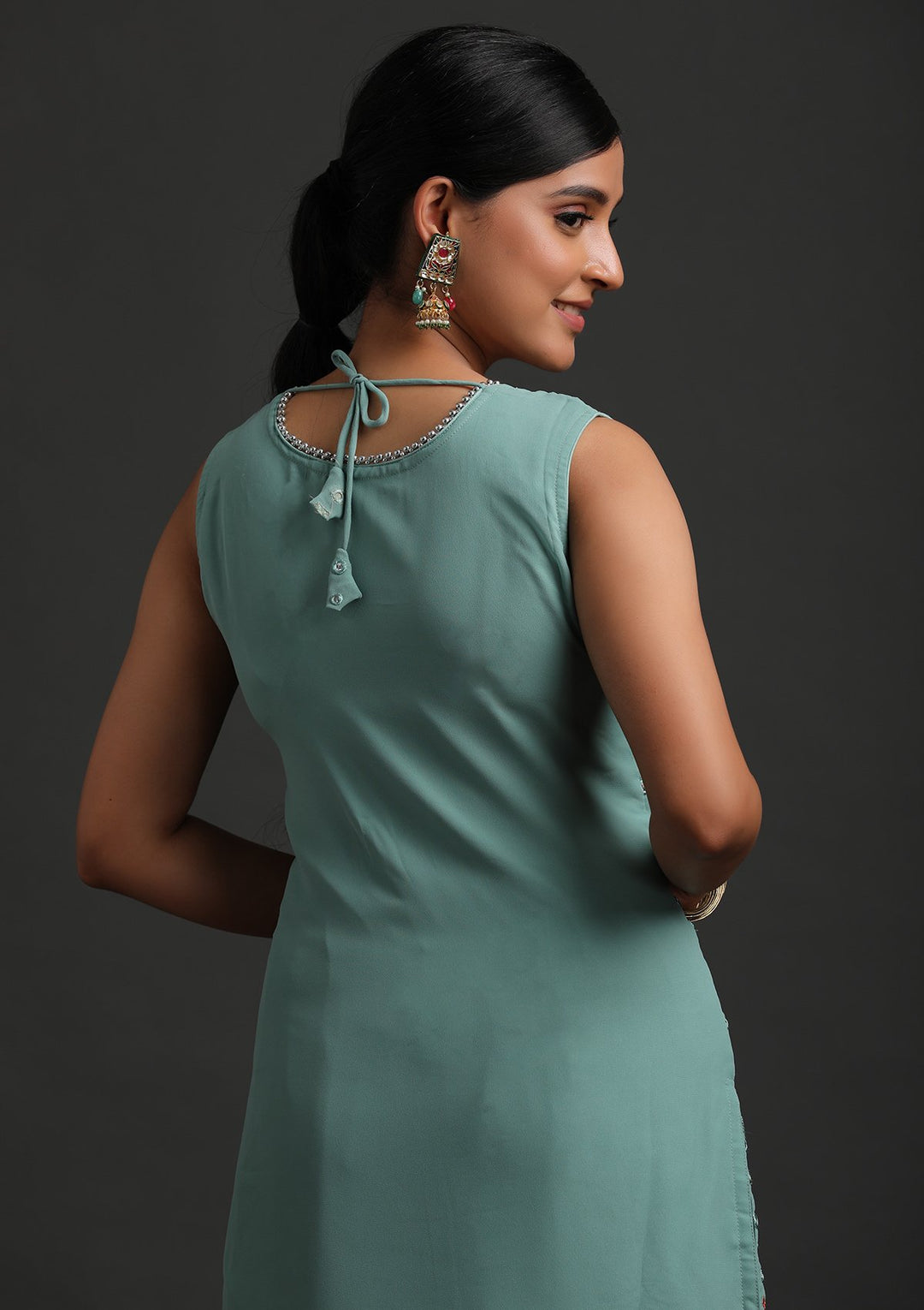 Pista Green Mirrorwork Georgette Designer Salwar Suit - koskii
