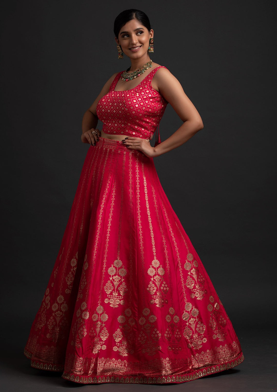 Rani Pink Gotapatti Banarasi Designer Semi-Stitched Lehenga - koskii