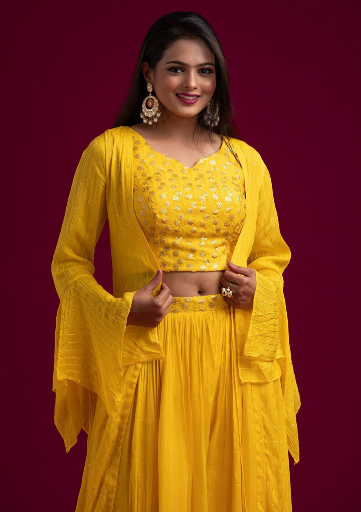 Yellow Sequins Semi Crepe Designer Salwar Suit - koskii