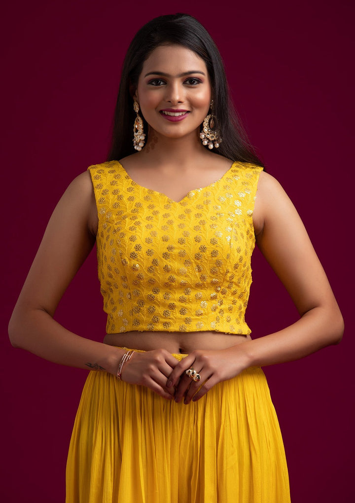 Yellow Sequins Semi Crepe Designer Salwar Suit - koskii
